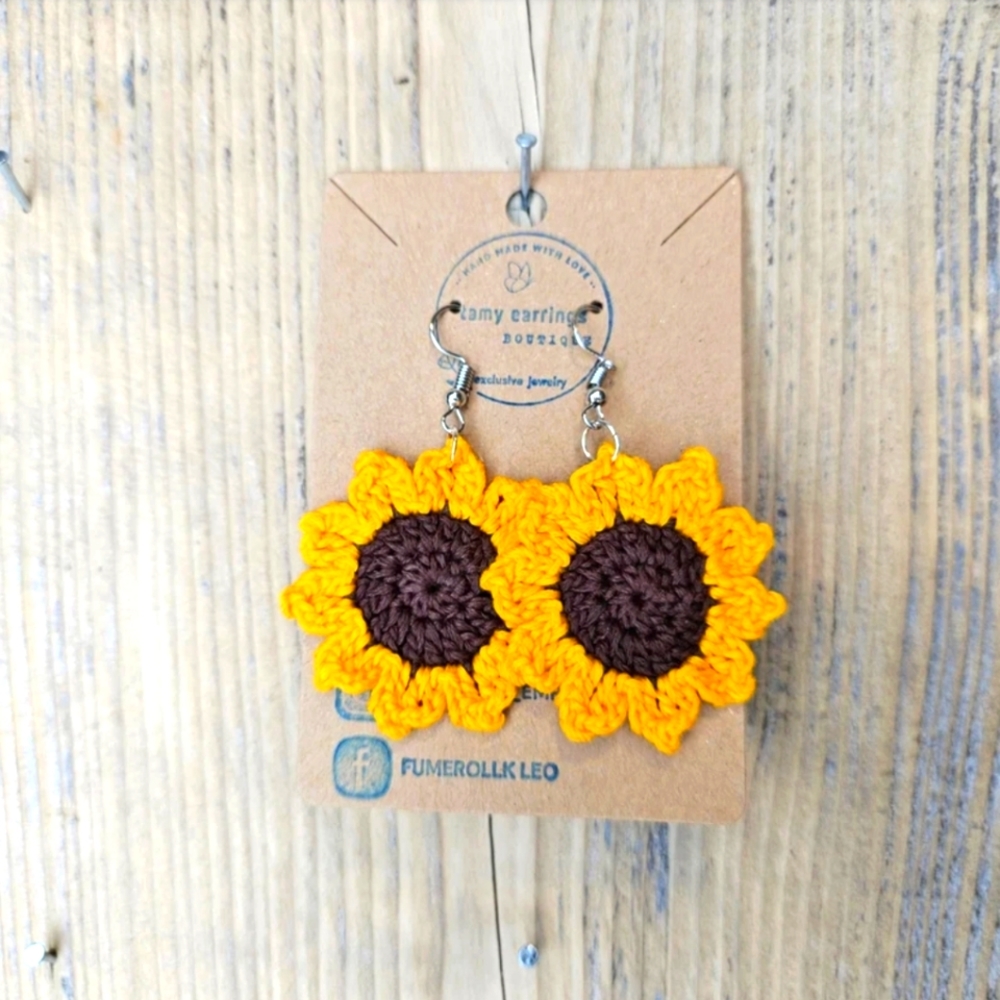 Crochet sunflower earrings woven hoops accessories and jewelry handmade